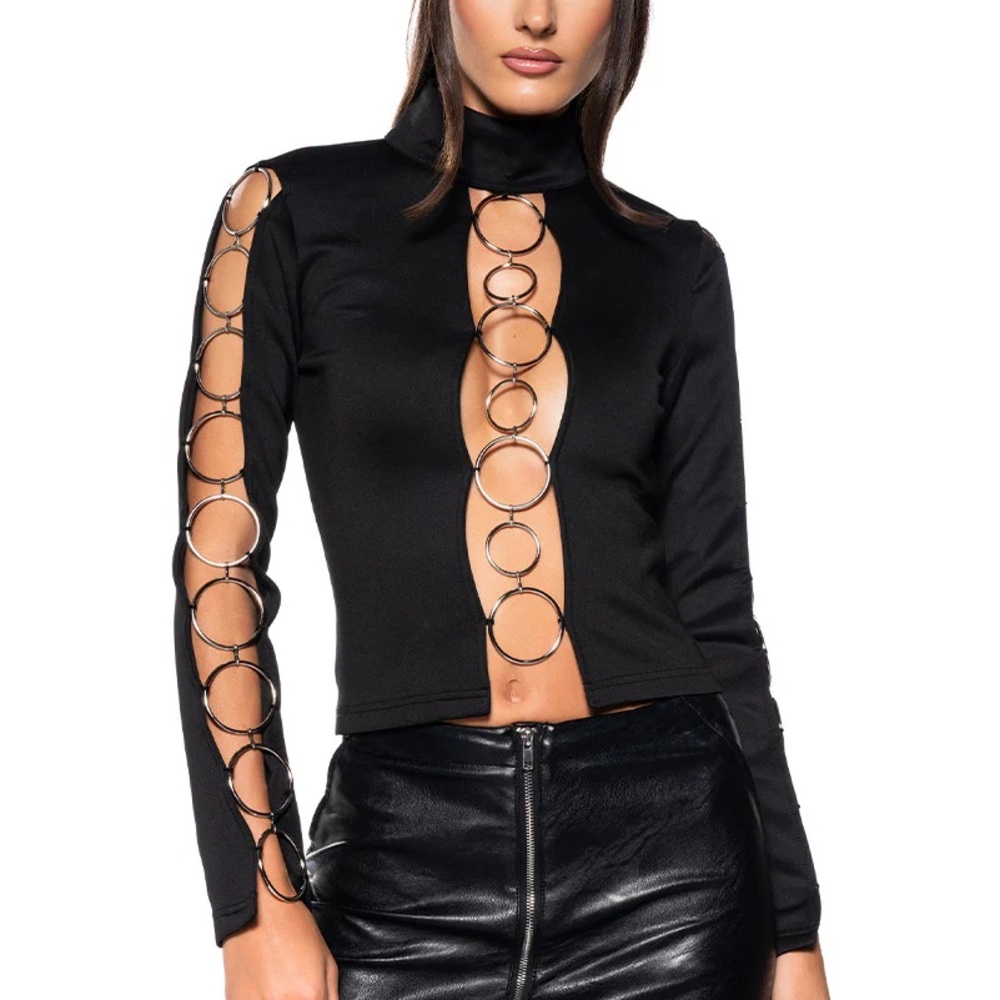 AKIRA Black Ring Detail Long Sleeve Top